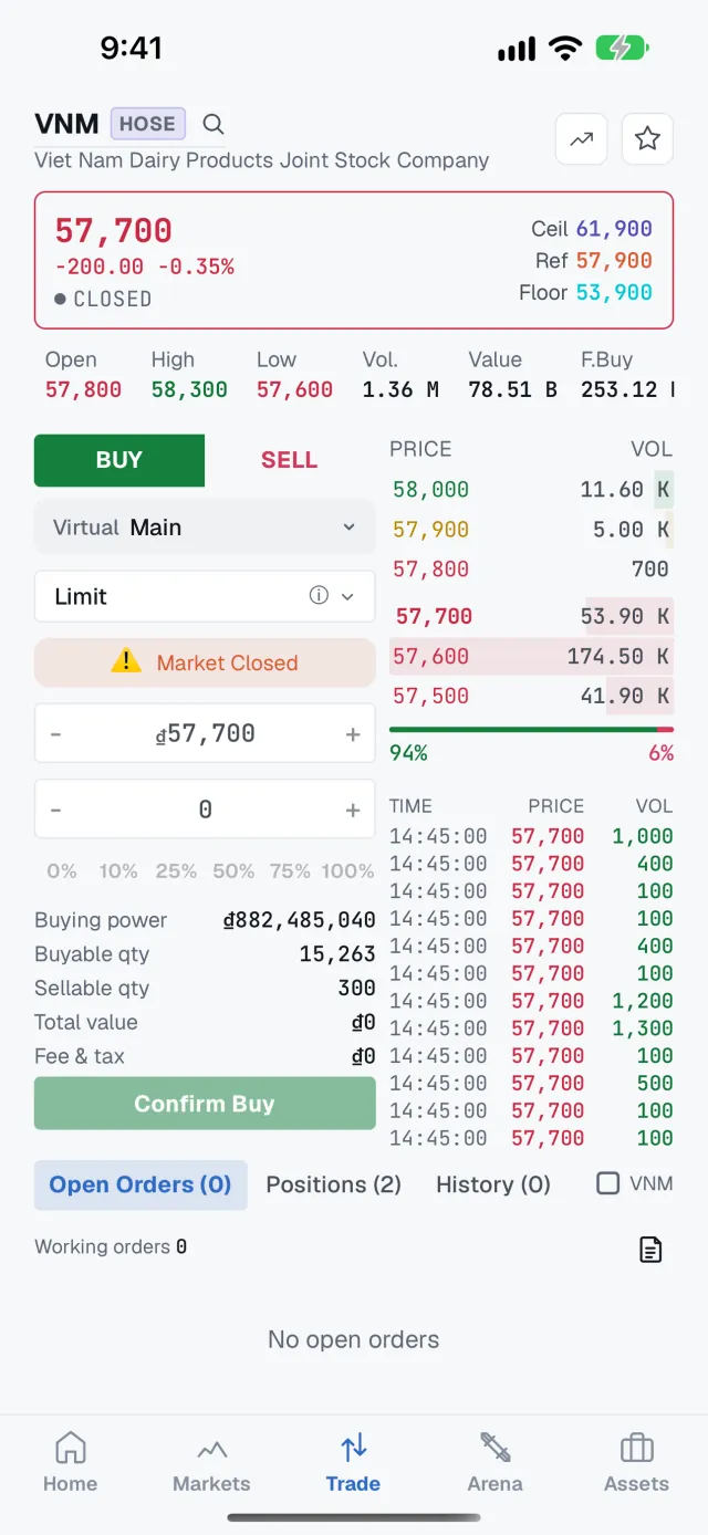 The Paave app trade screen for VNM: the virtual order ticket beside the order book and matched trades.